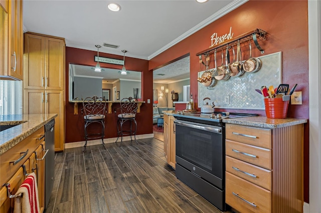 kitchen featuring dark hardwood / wood-style flooring, light stone counters, ornamental molding, stainless steel electric range oven, and hanging light fixtures