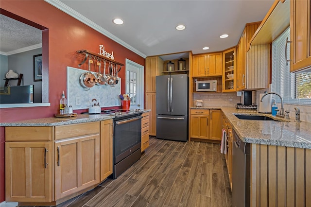 kitchen with appliances with stainless steel finishes, light stone counters, ornamental molding, sink, and dark hardwood / wood-style floors