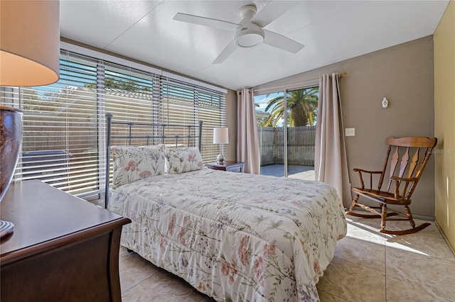 bedroom with tile patterned floors, ceiling fan, and access to outside