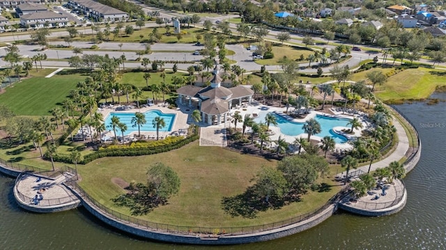 aerial view featuring a water view