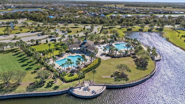 bird's eye view with a water view