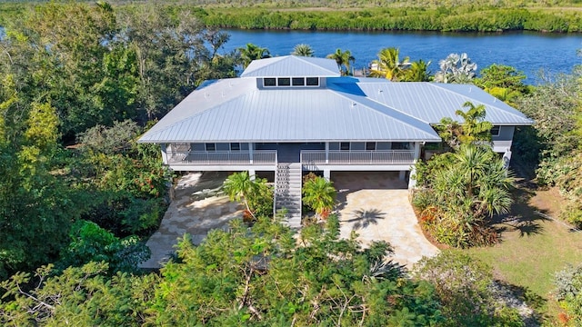 aerial view featuring a water view