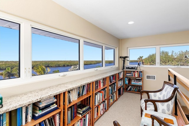 sitting room with a water view and a wealth of natural light