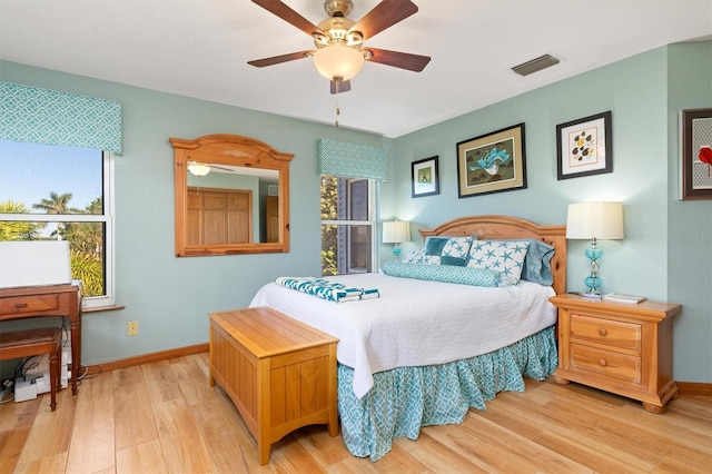 bedroom with ceiling fan and light wood-type flooring