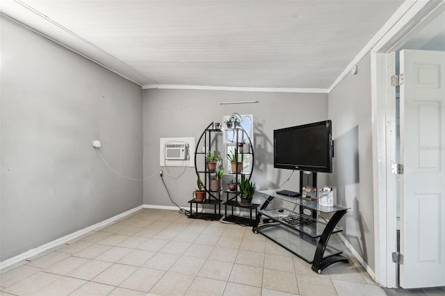 interior space with vaulted ceiling, a wall unit AC, and ornamental molding