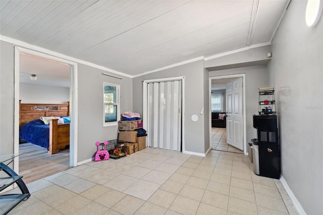 tiled bedroom featuring wooden ceiling, vaulted ceiling, and crown molding