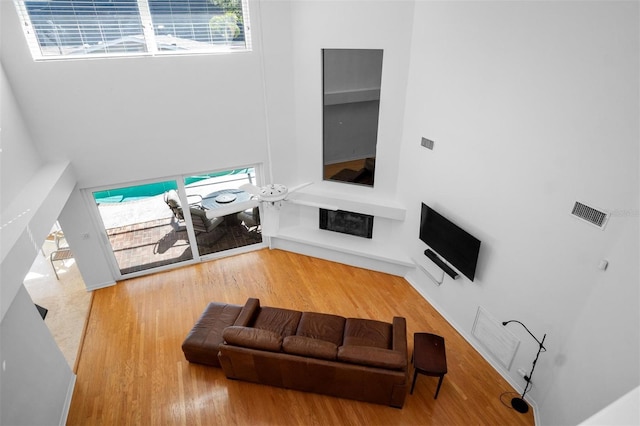 living room with hardwood / wood-style floors, a healthy amount of sunlight, and a high ceiling