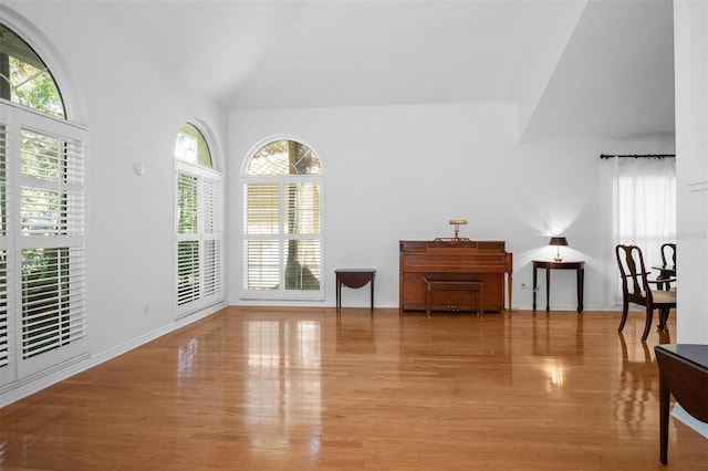 sitting room with vaulted ceiling, light hardwood / wood-style flooring, and a healthy amount of sunlight