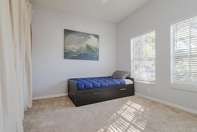 bedroom with light colored carpet