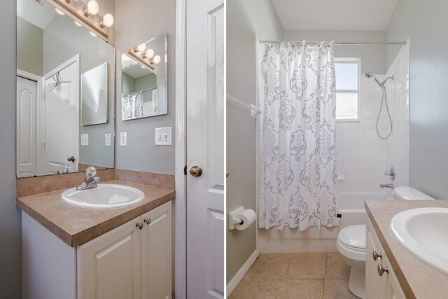 full bathroom featuring tile patterned flooring, shower / bath combination with curtain, toilet, and vanity