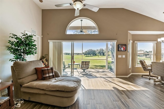 interior space with hardwood / wood-style flooring, high vaulted ceiling, and ceiling fan