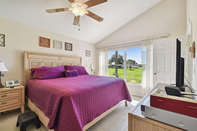 bedroom featuring ceiling fan, high vaulted ceiling, and light colored carpet