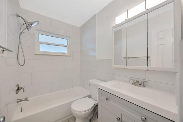 6598 26th St N, Saint Petersburg, FL 33702 - full bathroom with toilet, tasteful backsplash, tiled shower / bath, tile walls, and vanity