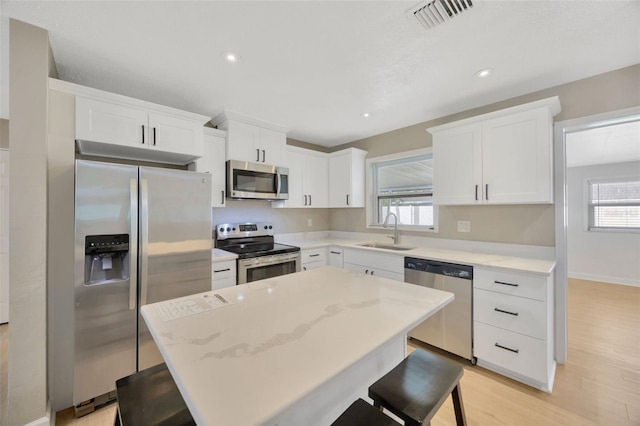 kitchen with white cabinetry, a center island, appliances with stainless steel finishes, and sink