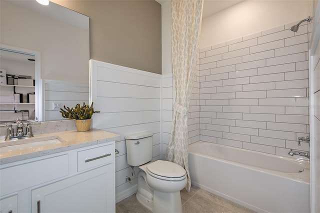 full bathroom with tile patterned flooring, shower / tub combo, vanity, and toilet