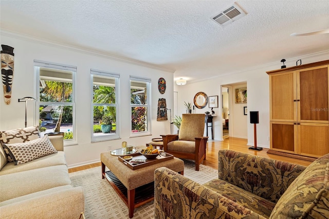 living room with a textured ceiling, light hardwood / wood-style flooring, and ornamental molding