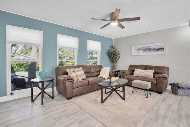 living room with ceiling fan, a textured ceiling, and light hardwood / wood-style flooring