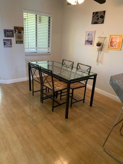 dining space featuring hardwood / wood-style floors and ceiling fan