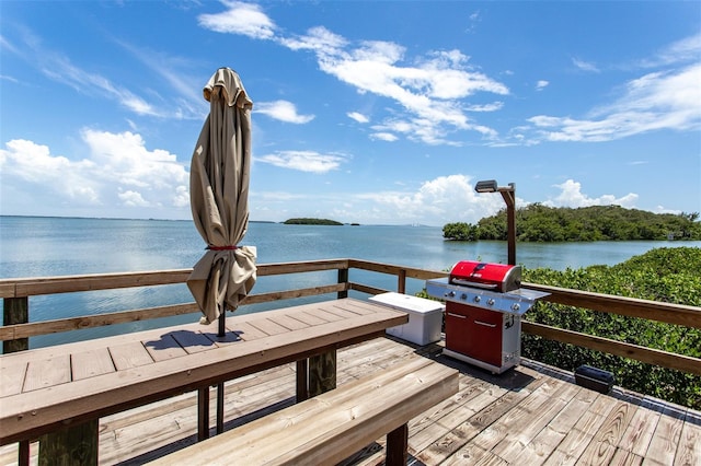 view of dock with a deck with water view