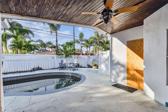 view of pool featuring a patio and ceiling fan