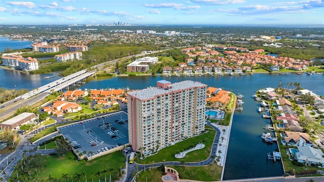 bird's eye view with a water view