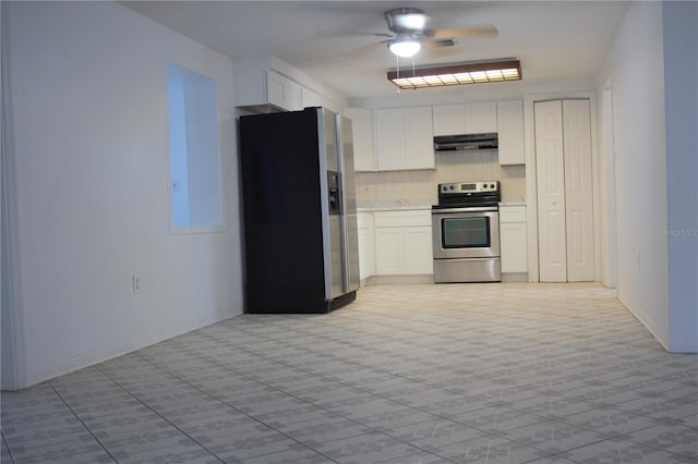 kitchen featuring ceiling fan, decorative backsplash, white cabinetry, and stainless steel appliances