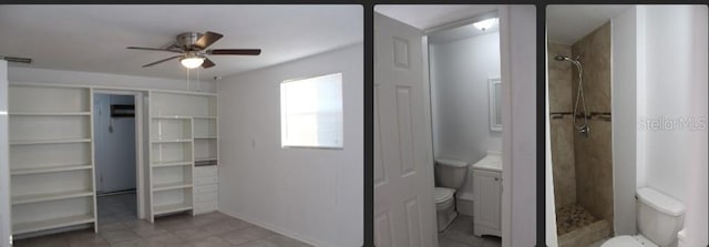 bathroom with a tile shower, toilet, and ceiling fan