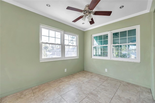 empty room with ceiling fan, light tile patterned floors, and crown molding