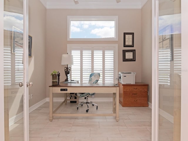 office space with ornamental molding