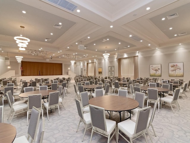 dining area with beamed ceiling and coffered ceiling