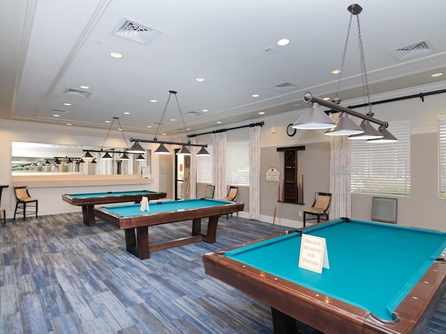 rec room with hardwood / wood-style flooring, crown molding, and pool table