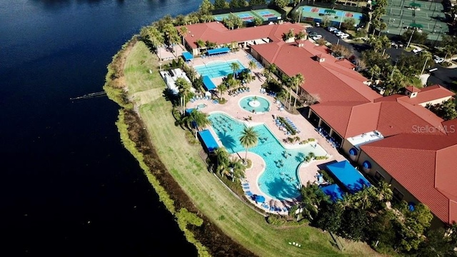 aerial view featuring a water view