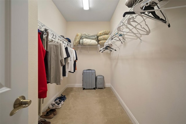 spacious closet featuring light carpet