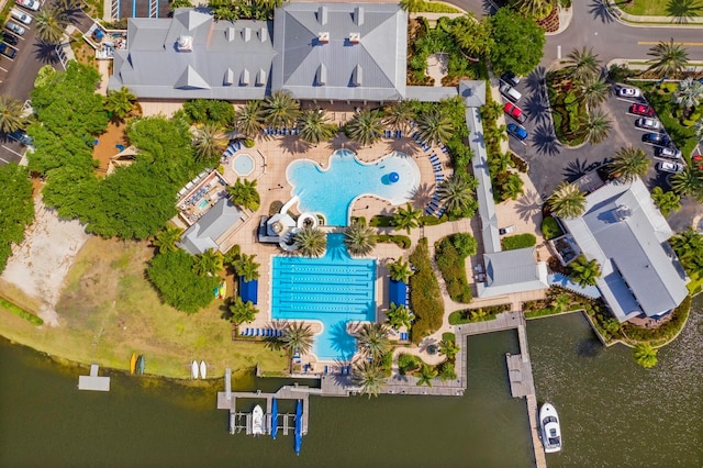 drone / aerial view with a water view