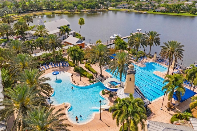 birds eye view of property featuring a water view