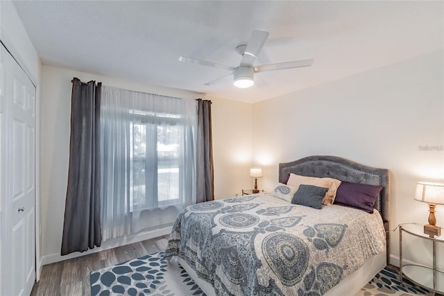 bedroom with hardwood / wood-style floors, a closet, and ceiling fan