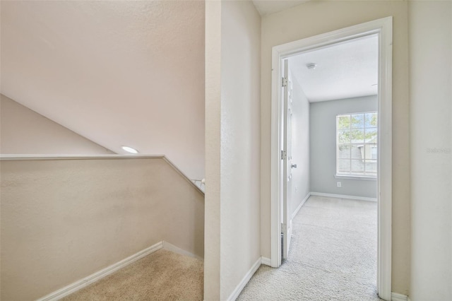 hallway with light colored carpet