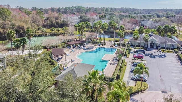 bird's eye view with a water view