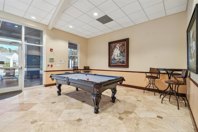 playroom with a drop ceiling and pool table