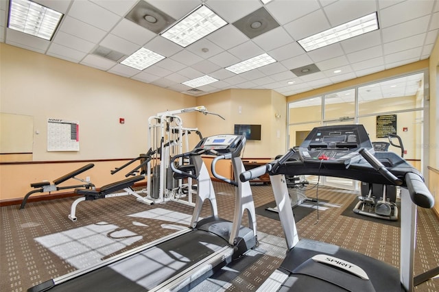 workout area featuring a paneled ceiling and carpet floors