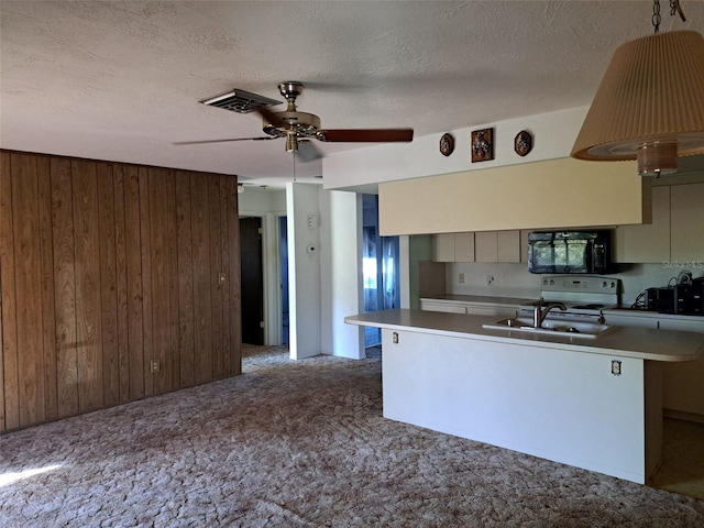 kitchen with a textured ceiling, ceiling fan, wooden walls, and sink