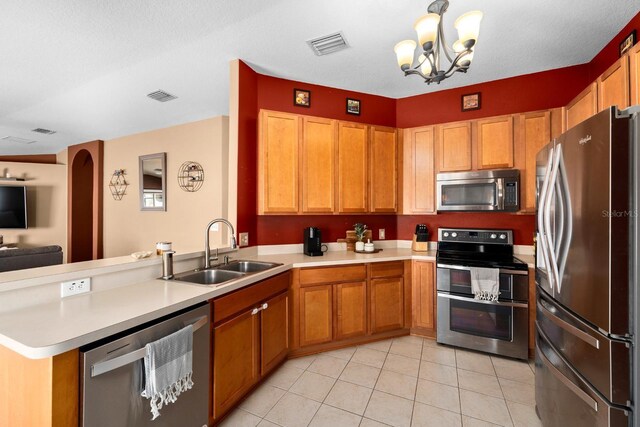 kitchen featuring an inviting chandelier, sink, appliances with stainless steel finishes, decorative light fixtures, and kitchen peninsula