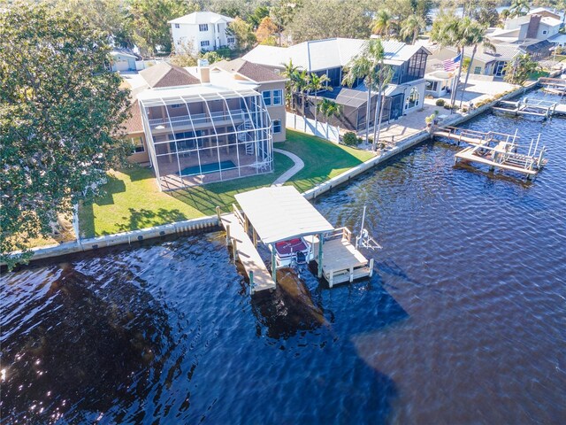 drone / aerial view featuring a water view