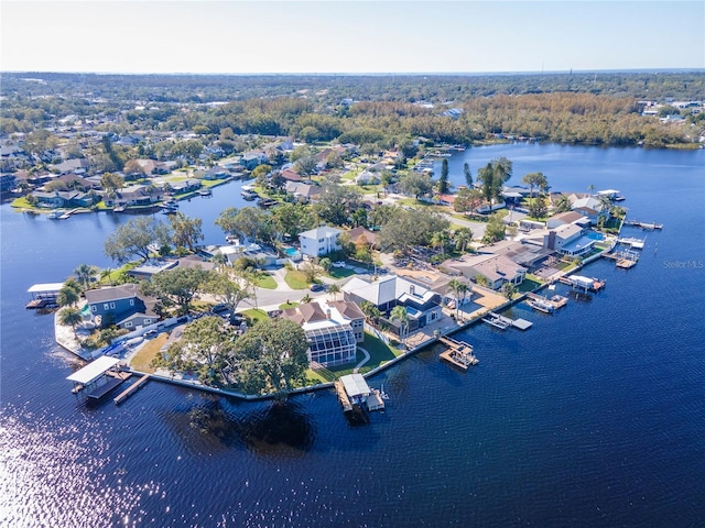 bird's eye view with a water view