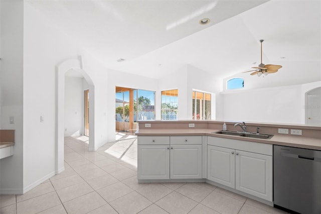 kitchen with stainless steel dishwasher, ceiling fan, a healthy amount of sunlight, and sink