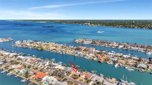 drone / aerial view featuring a water view