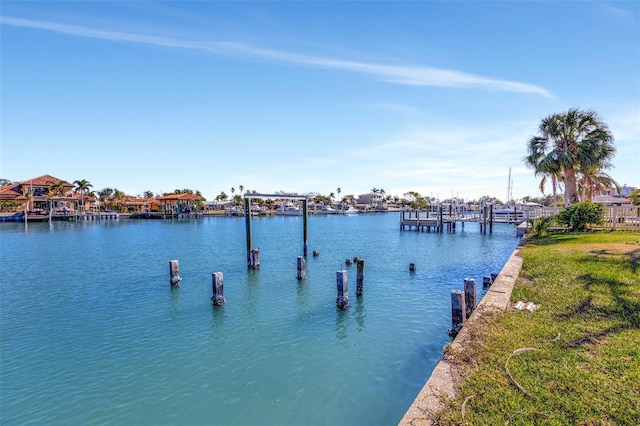 water view featuring a dock