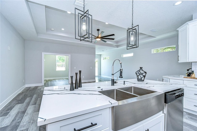 kitchen with stainless steel dishwasher, a raised ceiling, and white cabinets