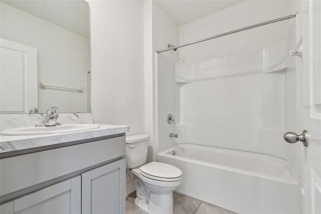 full bathroom with shower / washtub combination, tile patterned flooring, vanity, and toilet