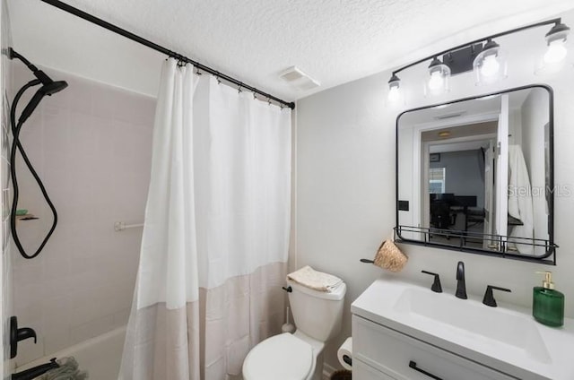 full bathroom with vanity, a textured ceiling, toilet, and shower / bathtub combination with curtain